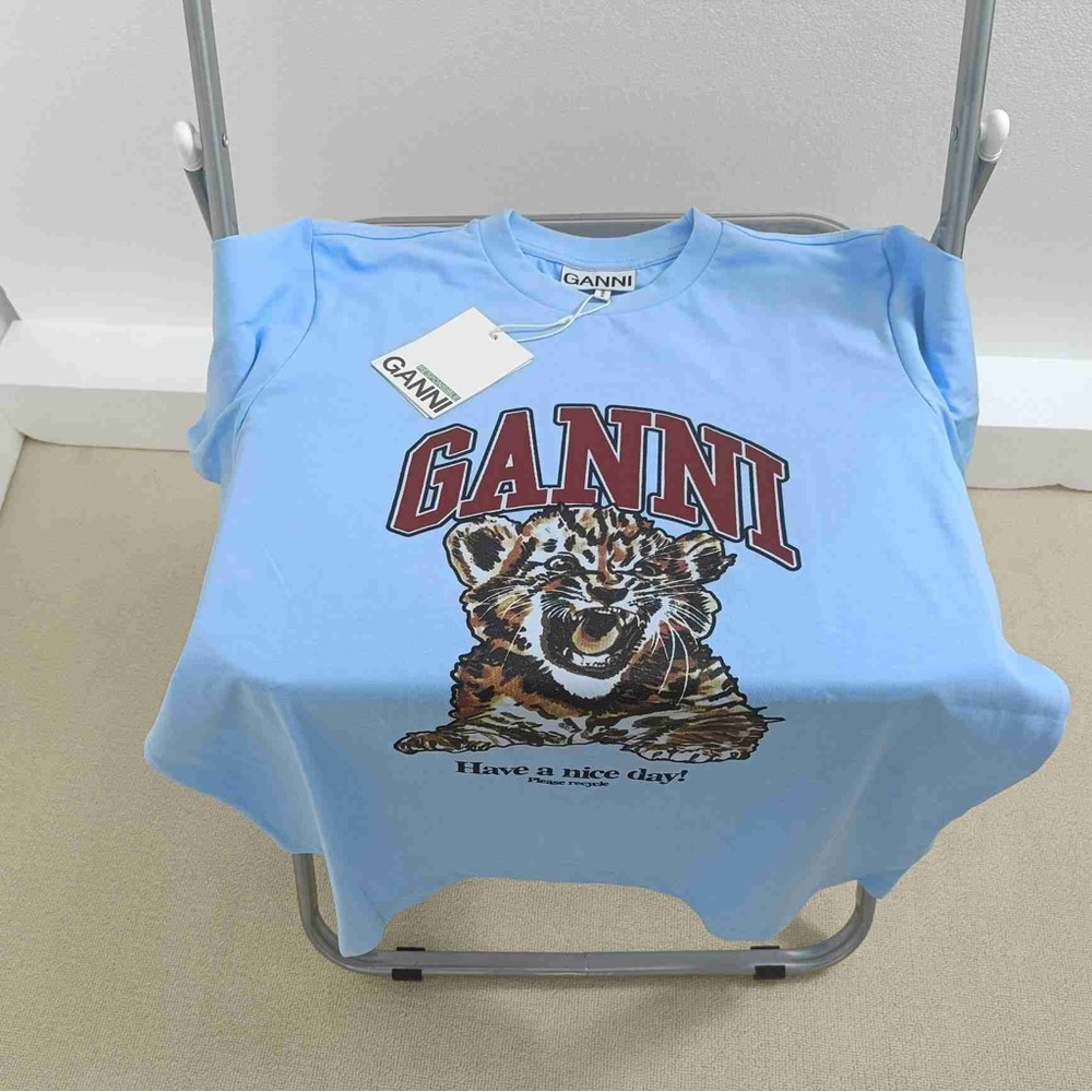 Ganni Light Blue Tee with Maroon Logo Cheetah graphic T-shirt - Have a Nice Day - Picture 4 of 6
